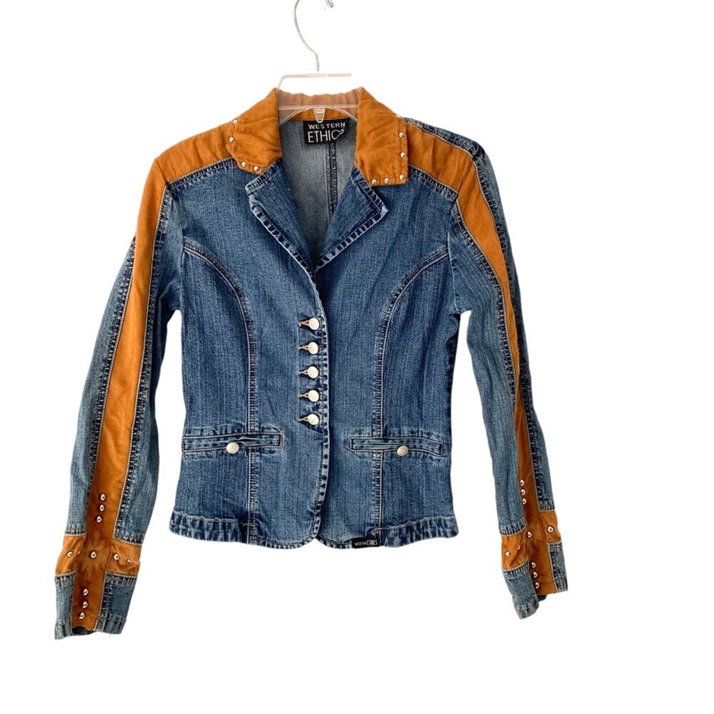 Western Ethics Vintage Denim Faux Suede Stretch Denim Shirt Jacket size small
